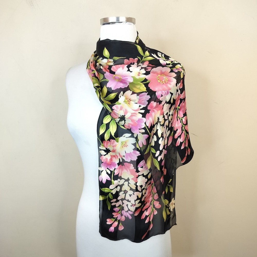 Vintage Echo Silk Floral Scarf 52 x 11 Sheer Chiffon Black Pink